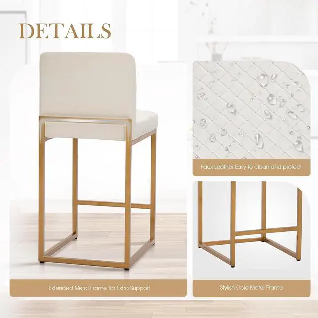Alt view image 4 of 7 - Sophia & William Bar Stools Set of 4, White & Gold Bar Stools with Back, Counter Height 24 Bar Stools for Kitchen Island, White Leather Modern Bar Stools