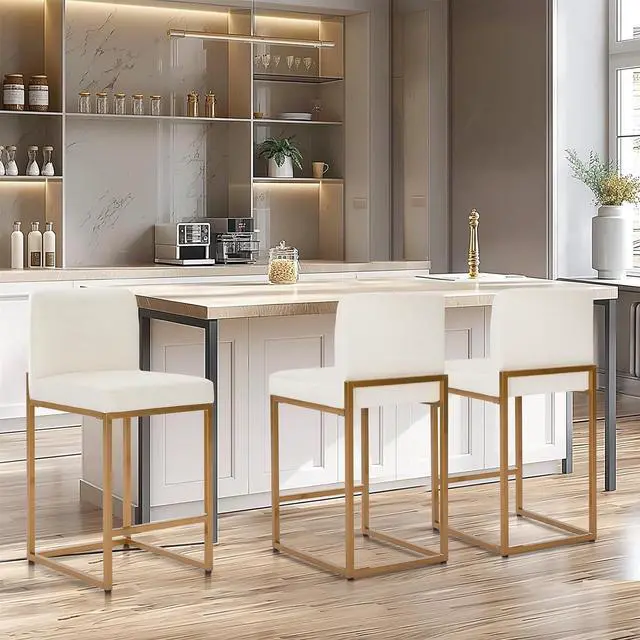 Alt view image 6 of 7 - Sophia & William Bar Stools Set of 4, White & Gold Bar Stools with Back, Counter Height 24 Bar Stools for Kitchen Island, White Leather Modern Bar Stools