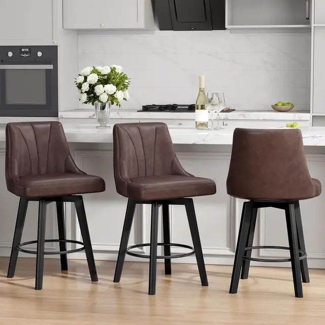 Main image of Counter Height Swivel Bar Stool, 24" Upholstered PU Leather Barstools Set of 3, Counter Stool Chair with Back & Solid Wood Legs for Kitchen Island Dining Room (Brown)