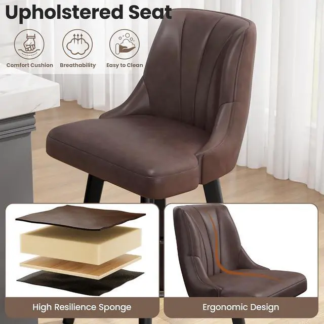 Alt view image 3 of 7 - Counter Height Swivel Bar Stool, 24" Upholstered PU Leather Barstools Set of 3, Counter Stool Chair with Back & Solid Wood Legs for Kitchen Island Dining Room (Brown)