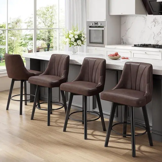 Alt view image 4 of 7 - Counter Height Swivel Bar Stool, 24" Upholstered PU Leather Barstools Set of 3, Counter Stool Chair with Back & Solid Wood Legs for Kitchen Island Dining Room (Brown)