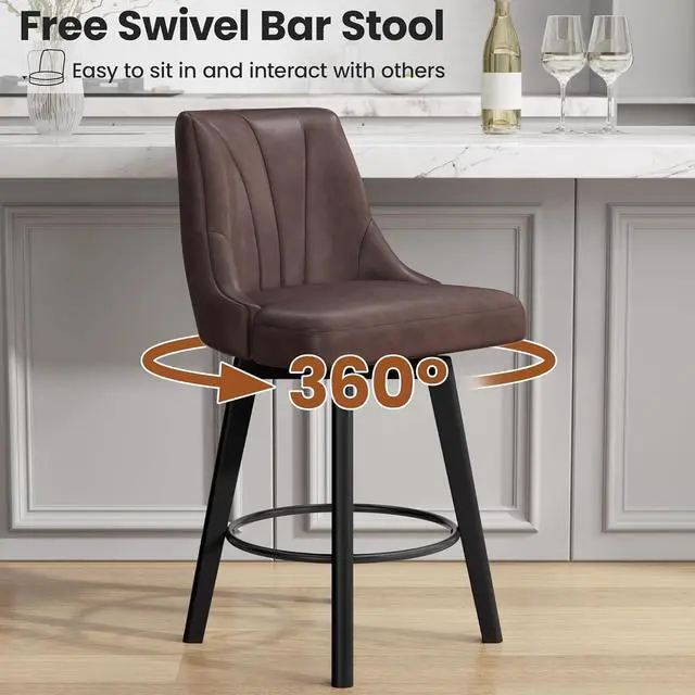 Alt view image 5 of 7 - Counter Height Swivel Bar Stool, 24" Upholstered PU Leather Barstools Set of 3, Counter Stool Chair with Back & Solid Wood Legs for Kitchen Island Dining Room (Brown)