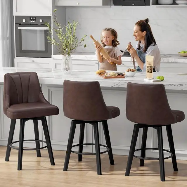Alt view image 6 of 7 - Counter Height Swivel Bar Stool, 24" Upholstered PU Leather Barstools Set of 3, Counter Stool Chair with Back & Solid Wood Legs for Kitchen Island Dining Room (Brown)