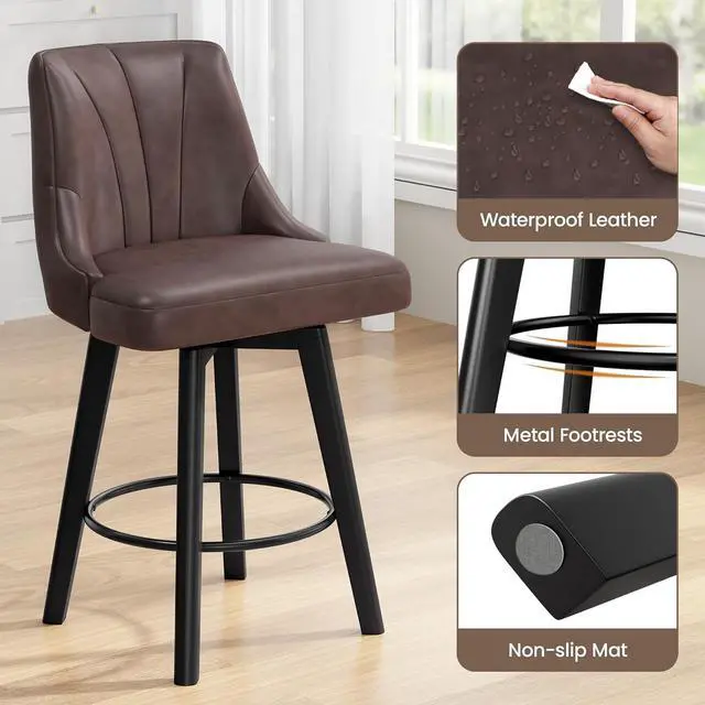 Alt view image 7 of 7 - Counter Height Swivel Bar Stool, 24" Upholstered PU Leather Barstools Set of 3, Counter Stool Chair with Back & Solid Wood Legs for Kitchen Island Dining Room (Brown)