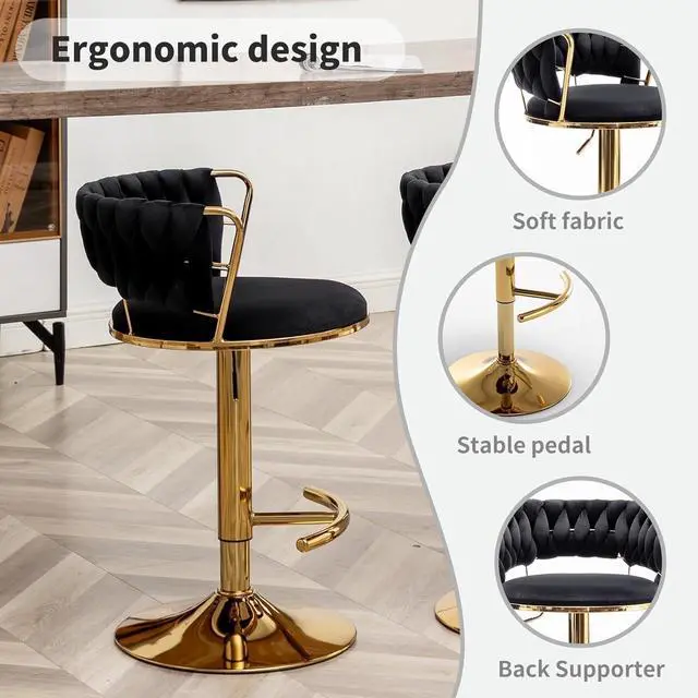 Alt view image 4 of 7 - Gold Bar Stools Set of 4, Counter Height Bar Stools with Low Back, Velvet Adjustable Barstools, 360° Swivel Bar Chairs for Kitchen Island, Pub (Black)