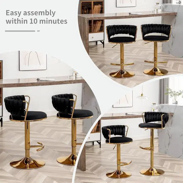 Alt view image 5 of 7 - Gold Bar Stools Set of 4, Counter Height Bar Stools with Low Back, Velvet Adjustable Barstools, 360° Swivel Bar Chairs for Kitchen Island, Pub (Black)