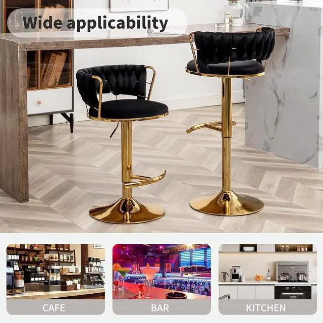 Alt view image 7 of 7 - Gold Bar Stools Set of 4, Counter Height Bar Stools with Low Back, Velvet Adjustable Barstools, 360° Swivel Bar Chairs for Kitchen Island, Pub (Black)