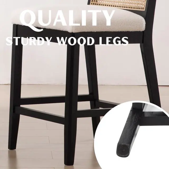 Alt view image 5 of 6 - 26.5" Rattan Bar Stools Set of 2 Modern Sherpa Fabric Upholstered Counter Height Bar Stools, Kitchen Island Barstools with Rattan Back, Black Finish Wood Legs Bar Chairs, White