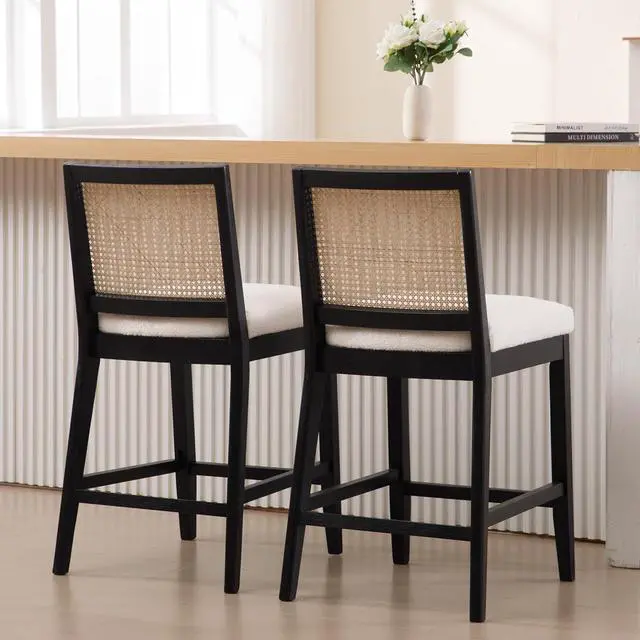 Alt view image 6 of 6 - 26.5" Rattan Bar Stools Set of 2 Modern Sherpa Fabric Upholstered Counter Height Bar Stools, Kitchen Island Barstools with Rattan Back, Black Finish Wood Legs Bar Chairs, White
