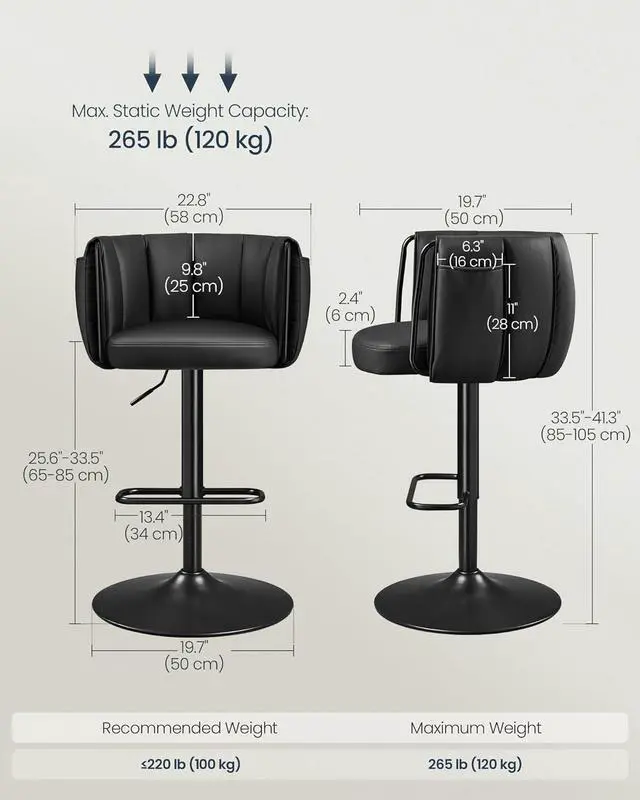 Alt view image 2 of 6 - SONGMICS Home 360° Swivel Bar Stools Set of 2, Height Adjustable Barstools with Curved Back, Upholstered Counter Bar Stools with Footrest, Large Base, for Kitchen Island, Modern, Ink Black ULJB103B01