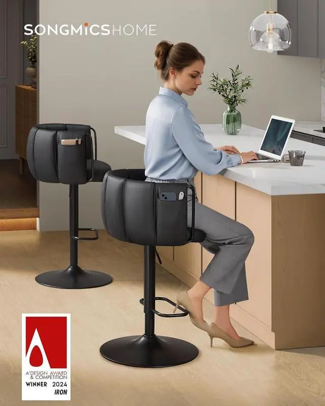 Alt view image 3 of 6 - SONGMICS Home 360° Swivel Bar Stools Set of 2, Height Adjustable Barstools with Curved Back, Upholstered Counter Bar Stools with Footrest, Large Base, for Kitchen Island, Modern, Ink Black ULJB103B01