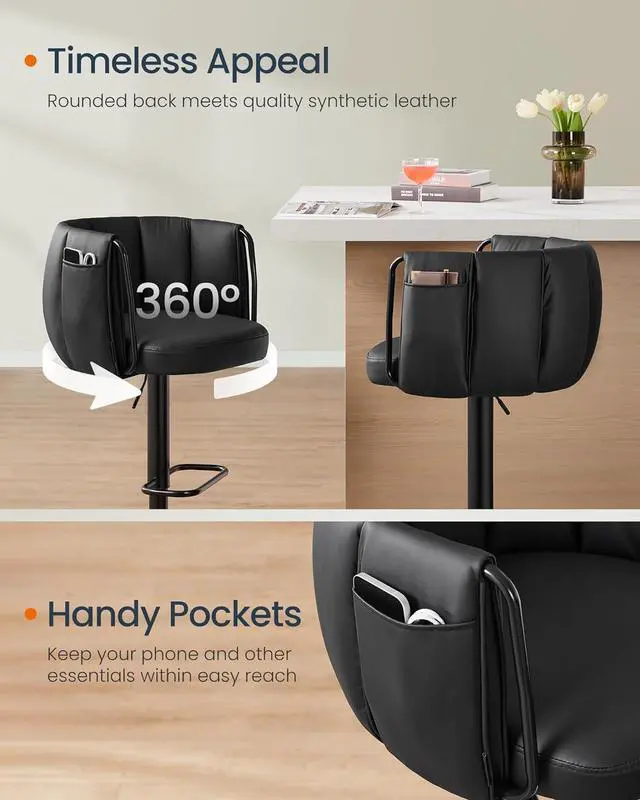 Alt view image 4 of 6 - SONGMICS Home 360° Swivel Bar Stools Set of 2, Height Adjustable Barstools with Curved Back, Upholstered Counter Bar Stools with Footrest, Large Base, for Kitchen Island, Modern, Ink Black ULJB103B01