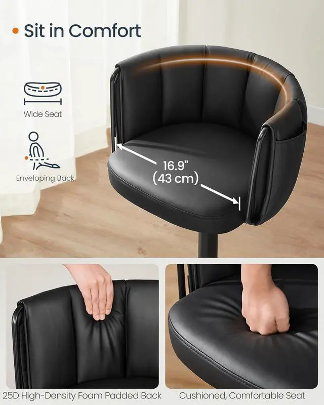 Alt view image 5 of 6 - SONGMICS Home 360° Swivel Bar Stools Set of 2, Height Adjustable Barstools with Curved Back, Upholstered Counter Bar Stools with Footrest, Large Base, for Kitchen Island, Modern, Ink Black ULJB103B01
