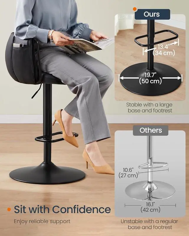 Alt view image 6 of 6 - SONGMICS Home 360° Swivel Bar Stools Set of 2, Height Adjustable Barstools with Curved Back, Upholstered Counter Bar Stools with Footrest, Large Base, for Kitchen Island, Modern, Ink Black ULJB103B01