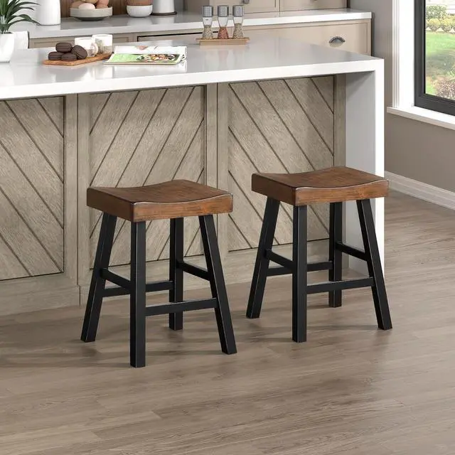 Main image of Lexicon Saddle Bar Stools Set of 2 Barstools with Footrest, Armless Dining Chairs for Kitchen Island, Breakfast Nook, Living Room, Counter Height, Black/Brown
