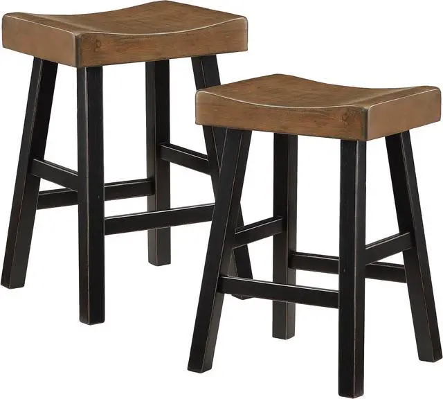 Alt view image 2 of 7 - Lexicon Saddle Bar Stools Set of 2 Barstools with Footrest, Armless Dining Chairs for Kitchen Island, Breakfast Nook, Living Room, Counter Height, Black/Brown