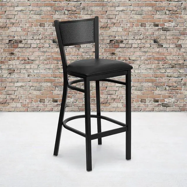 Alt view image 2 of 7 - Flash Furniture 2 Pk. HERCULES Series Black Grid Back Metal Restaurant Barstool - Black Vinyl Seat