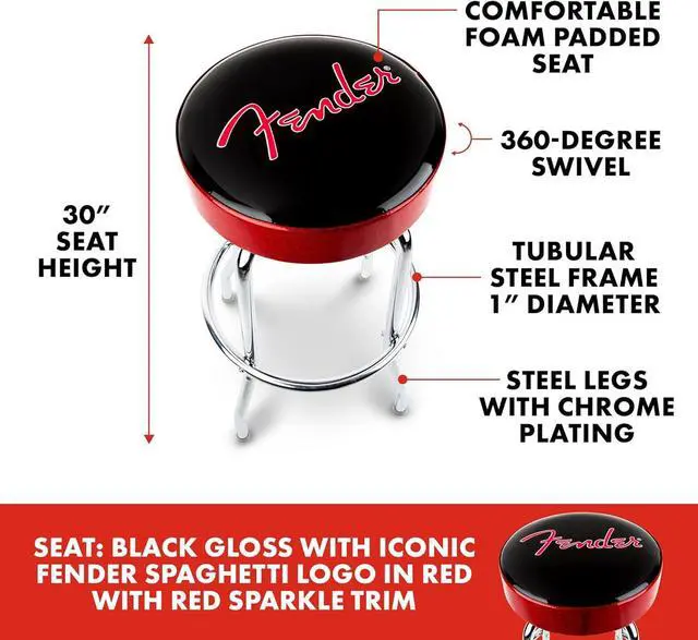 Alt view image 2 of 7 - Fender Red Sparkle Logo Swivel Barstool, Great Gifts for Dad, with 1 Year Limited Warranty, Simple Assembly, Black/Black, 30"