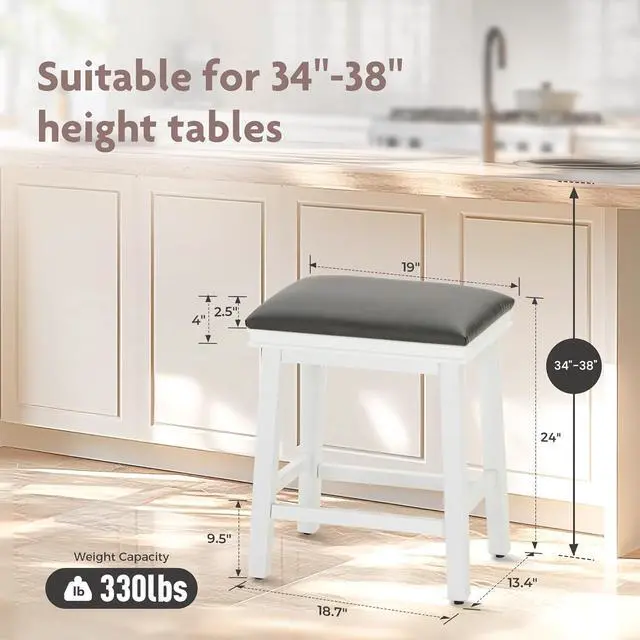 Alt view image 3 of 7 - ALPHA HOME 24 Inch Counter Height Bar Stools Set of 2, Modern Design, Upgraded Faux Leather Upholstery, Sturdy Wood Legs - Ideal for Kitchen Islands, Black