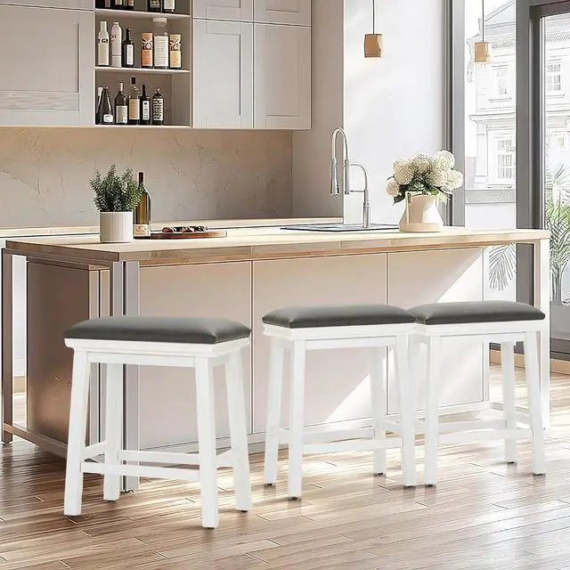 Alt view image 7 of 7 - ALPHA HOME 24 Inch Counter Height Bar Stools Set of 2, Modern Design, Upgraded Faux Leather Upholstery, Sturdy Wood Legs - Ideal for Kitchen Islands, Black