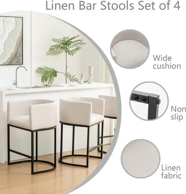 Alt view image 3 of 7 - Counter Height Bar Stools Set of 4, 25" Modern Barstools with Backrest, Barrel Counter Stools with Metal Frames, Linen Fabric Upholstered Bar Stools for Kitchen Island, Bar (Beige)