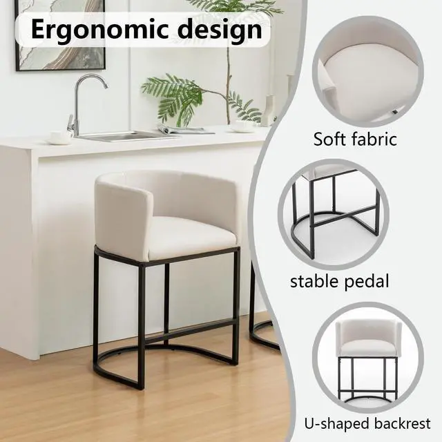 Alt view image 4 of 7 - Counter Height Bar Stools Set of 4, 25" Modern Barstools with Backrest, Barrel Counter Stools with Metal Frames, Linen Fabric Upholstered Bar Stools for Kitchen Island, Bar (Beige)