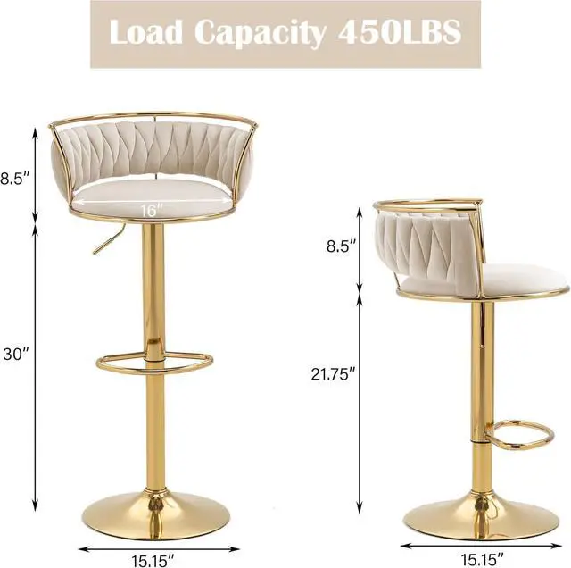 Alt view image 2 of 7 - UIXE 360° Swivel Bar Stools Set of 2, Modern Adjustable Counter Height Velvet Bar Chair Gold Metal Stool, Comfortable Kitchen Island Dining Chairs with Woven Back & Footrest for Cafe Pub (Ivory)