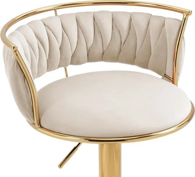 Alt view image 3 of 7 - UIXE 360° Swivel Bar Stools Set of 2, Modern Adjustable Counter Height Velvet Bar Chair Gold Metal Stool, Comfortable Kitchen Island Dining Chairs with Woven Back & Footrest for Cafe Pub (Ivory)