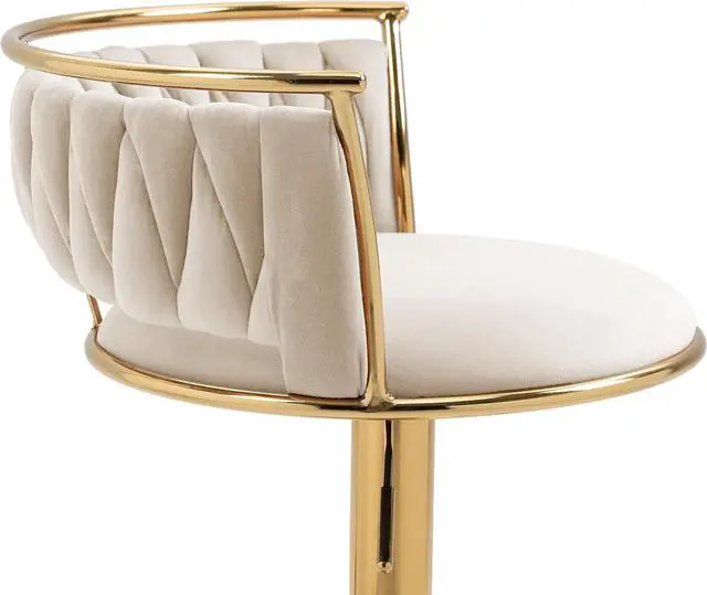Alt view image 4 of 7 - UIXE 360° Swivel Bar Stools Set of 2, Modern Adjustable Counter Height Velvet Bar Chair Gold Metal Stool, Comfortable Kitchen Island Dining Chairs with Woven Back & Footrest for Cafe Pub (Ivory)