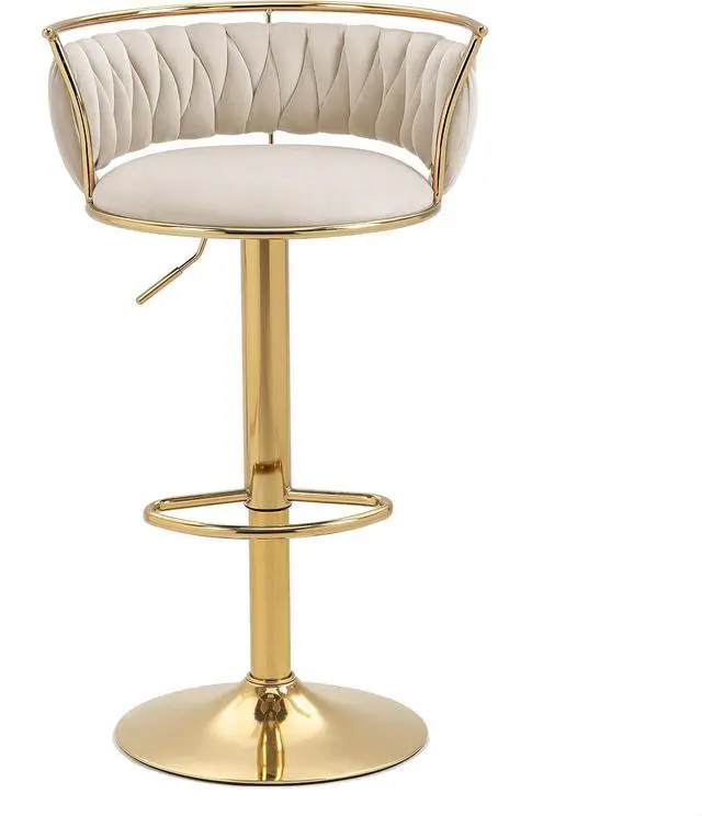 Alt view image 5 of 7 - UIXE 360° Swivel Bar Stools Set of 2, Modern Adjustable Counter Height Velvet Bar Chair Gold Metal Stool, Comfortable Kitchen Island Dining Chairs with Woven Back & Footrest for Cafe Pub (Ivory)