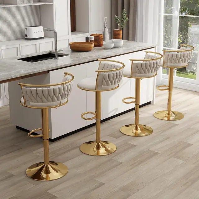 Alt view image 6 of 7 - UIXE 360° Swivel Bar Stools Set of 2, Modern Adjustable Counter Height Velvet Bar Chair Gold Metal Stool, Comfortable Kitchen Island Dining Chairs with Woven Back & Footrest for Cafe Pub (Ivory)