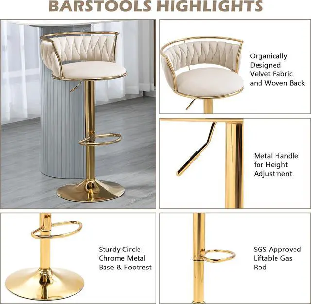 Alt view image 7 of 7 - UIXE 360° Swivel Bar Stools Set of 2, Modern Adjustable Counter Height Velvet Bar Chair Gold Metal Stool, Comfortable Kitchen Island Dining Chairs with Woven Back & Footrest for Cafe Pub (Ivory)