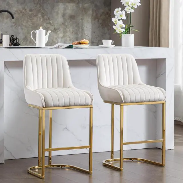 Alt view image 2 of 7 - Modern Counter Height Bar Stools Set of 4, Kitchen Bar Stools with Gold Legs Velvet Barstools Upholstered Counter Stools 26'' Bar Chairs with Back for Kitchen Island Home Bar Pub, Beige(White)