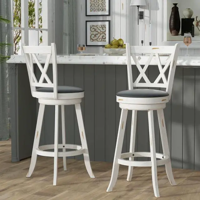 Main image of 29" Bar Height Swivel Stools - High Back Swivel Barstools with Upholstered Seat & Solid Wood Footrest, Counter Bar Chairs for Kitchen Island & Pub (Antique White, Set of 2)