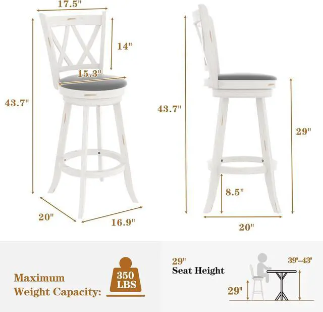 Alt view image 2 of 7 - 29" Bar Height Swivel Stools - High Back Swivel Barstools with Upholstered Seat & Solid Wood Footrest, Counter Bar Chairs for Kitchen Island & Pub (Antique White, Set of 2)