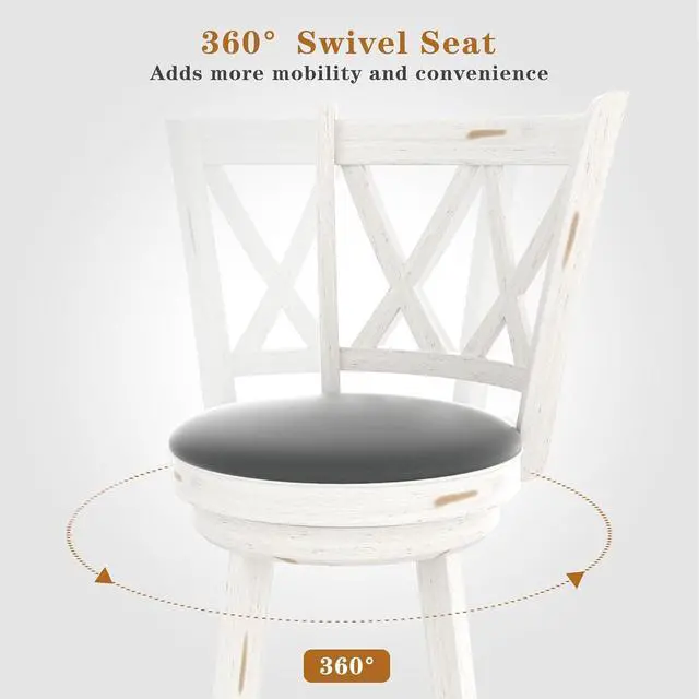 Alt view image 4 of 7 - 29" Bar Height Swivel Stools - High Back Swivel Barstools with Upholstered Seat & Solid Wood Footrest, Counter Bar Chairs for Kitchen Island & Pub (Antique White, Set of 2)