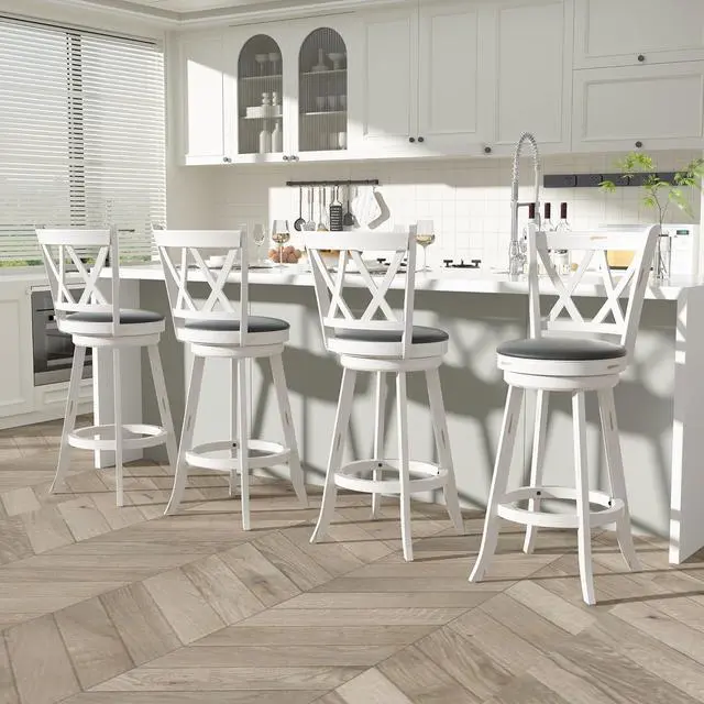 Alt view image 3 of 7 - 29" Bar Height Swivel Stools - High Back Swivel Barstools with Upholstered Seat & Solid Wood Footrest, Counter Bar Chairs for Kitchen Island & Pub (Antique White, Set of 2)