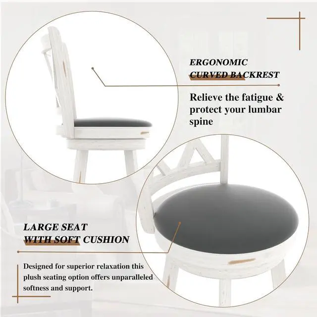 Alt view image 5 of 7 - 29" Bar Height Swivel Stools - High Back Swivel Barstools with Upholstered Seat & Solid Wood Footrest, Counter Bar Chairs for Kitchen Island & Pub (Antique White, Set of 2)