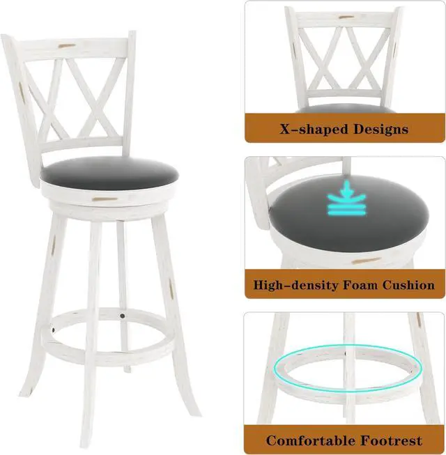 Alt view image 6 of 7 - 29" Bar Height Swivel Stools - High Back Swivel Barstools with Upholstered Seat & Solid Wood Footrest, Counter Bar Chairs for Kitchen Island & Pub (Antique White, Set of 2)