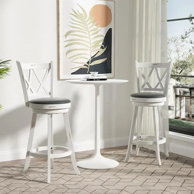 Alt view image 7 of 7 - 29" Bar Height Swivel Stools - High Back Swivel Barstools with Upholstered Seat & Solid Wood Footrest, Counter Bar Chairs for Kitchen Island & Pub (Antique White, Set of 2)