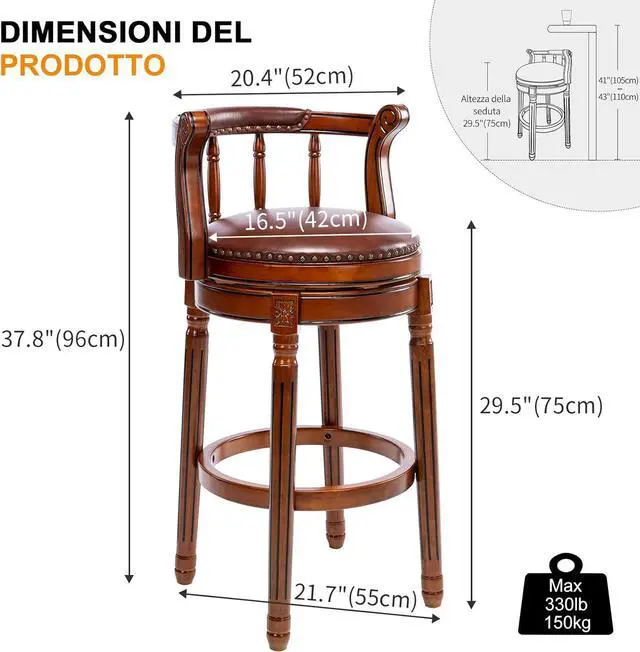 Alt view image 3 of 7 - Cow top Leather Wooden Bar Stools, 360 Degree Swivel Bar Height Chair with Backs for Home Kitchen Counter, Morden Chair Barstools (Brown 1pc, Bar Height-Seat Height 29.5)