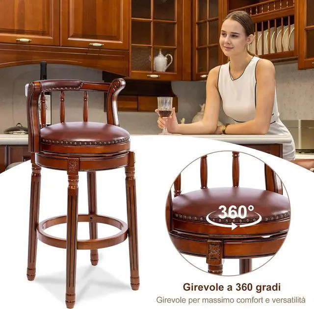 Alt view image 4 of 7 - Cow top Leather Wooden Bar Stools, 360 Degree Swivel Bar Height Chair with Backs for Home Kitchen Counter, Morden Chair Barstools (Brown 1pc, Bar Height-Seat Height 29.5)