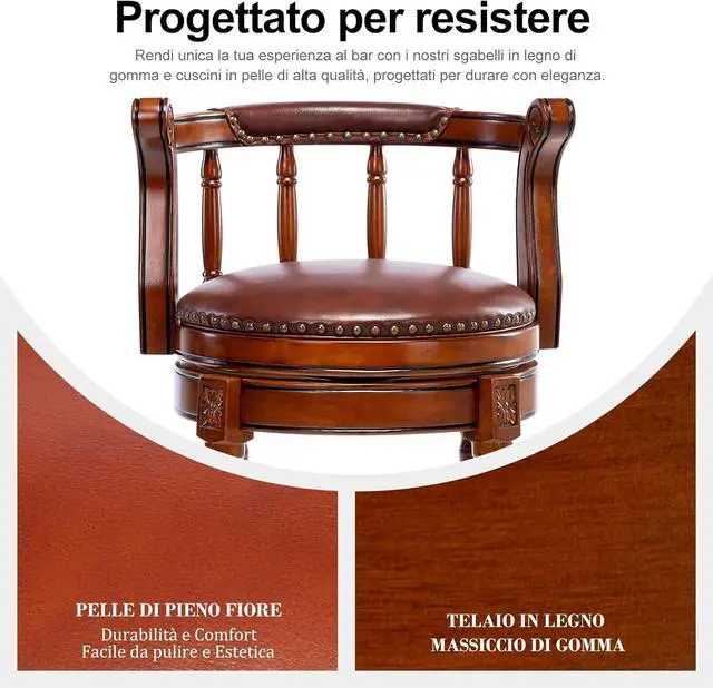 Alt view image 5 of 7 - Cow top Leather Wooden Bar Stools, 360 Degree Swivel Bar Height Chair with Backs for Home Kitchen Counter, Morden Chair Barstools (Brown 1pc, Bar Height-Seat Height 29.5)