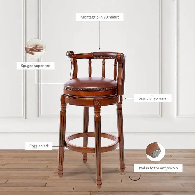 Alt view image 7 of 7 - Cow top Leather Wooden Bar Stools, 360 Degree Swivel Bar Height Chair with Backs for Home Kitchen Counter, Morden Chair Barstools (Brown 1pc, Bar Height-Seat Height 29.5)