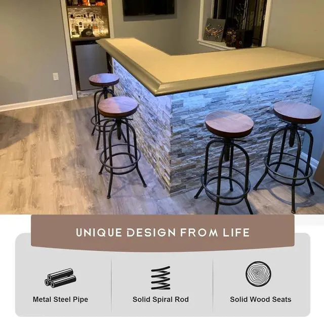 Alt view image 4 of 7 - 32 inch Vintage Industrial Bar Stool-Metal Wood Swivel Bar Stool-Retro Bar Height Stool-Counter Height Adjustable Kitchen Stools-Set of 2-Extra Tall Pub Height 26-32 Inch,Fully Welded(Black(2pcs))