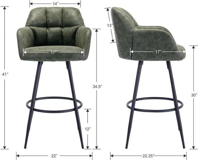 Alt view image 2 of 7 - EALSON Modern Bar Stools Set of 2 Bar Height Barstools with Back and Arms High Bar Chairs with Metal Footrest Leather Upholstered Island Chairs for Kitchen Counter/Home Bar/Dining Room, Green