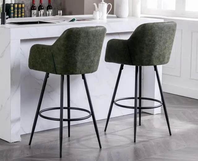 Alt view image 7 of 7 - EALSON Modern Bar Stools Set of 2 Bar Height Barstools with Back and Arms High Bar Chairs with Metal Footrest Leather Upholstered Island Chairs for Kitchen Counter/Home Bar/Dining Room, Green