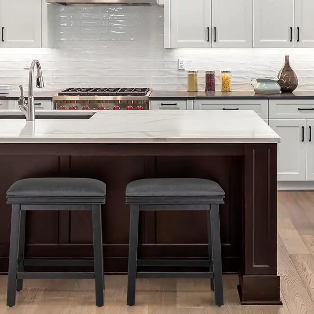 Main image of ALPHA HOME 24" Bar Stools Set of 2, Solid Wood Kitchen Stools with PU Leather Cushion Counter Height Bar Stools for Indoor, Black Seat and Black Wooden Legs, 2PCS