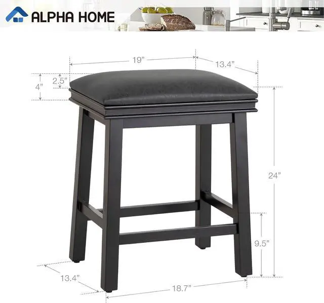 Alt view image 2 of 7 - ALPHA HOME 24" Bar Stools Set of 2, Solid Wood Kitchen Stools with PU Leather Cushion Counter Height Bar Stools for Indoor, Black Seat and Black Wooden Legs, 2PCS