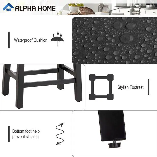 Alt view image 4 of 7 - ALPHA HOME 24" Bar Stools Set of 2, Solid Wood Kitchen Stools with PU Leather Cushion Counter Height Bar Stools for Indoor, Black Seat and Black Wooden Legs, 2PCS